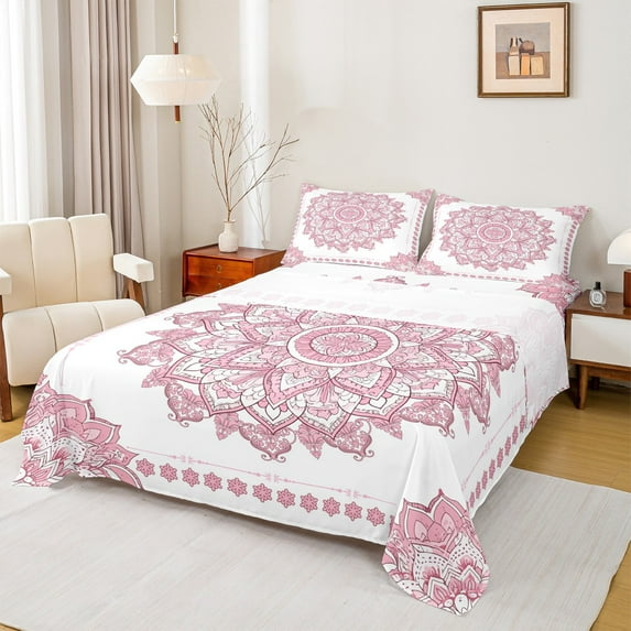 Manfei Vintage Damask Female Twin Sheet Sets, Mystic Pink Boho Floral Twin Fitted Sheet, Southwestern Flat Sheet, Microfiber Bedroom Decor, 3-Piece
