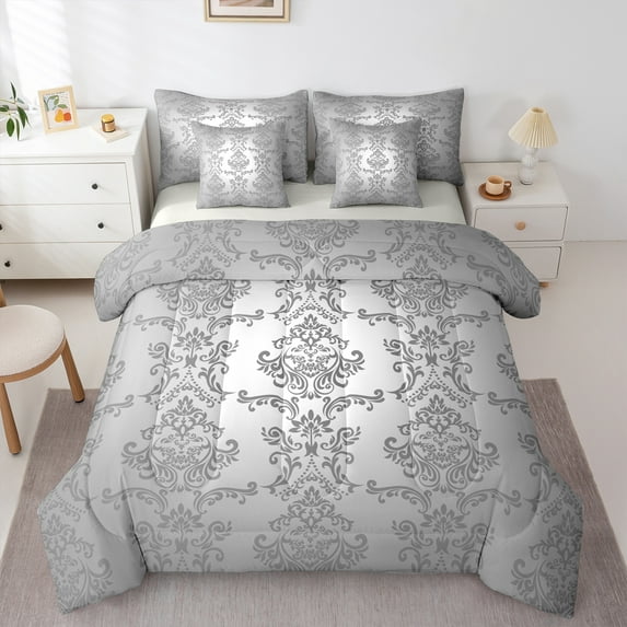 Manfei Vintage Damask Floral 7-Piece Twin Bedding Sets,Boho Flower Bedding Comforter Set,Gray Victorian Sheet Sets,Breathable Bedroom Decorative Reversible