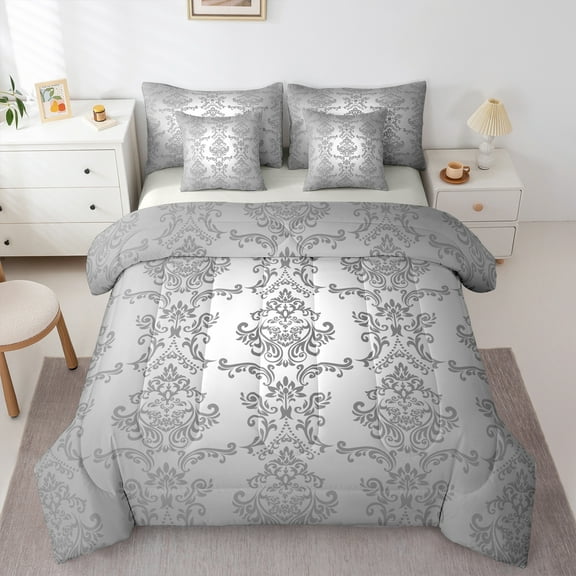 Manfei Vintage Damask Floral 7-Piece Twin Bedding Sets,Boho Flower Bedding Comforter Set,Gray Victorian Sheet Sets,Breathable Bedroom Decorative Reversible
