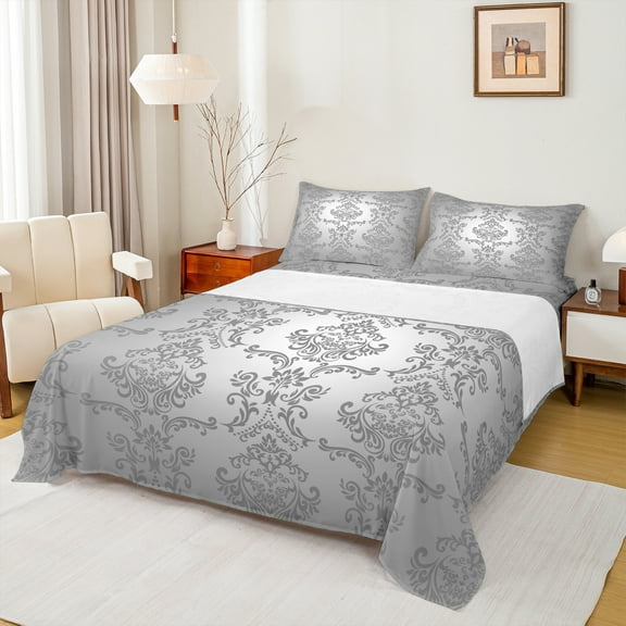 Manfei Vintage Damask Floral Bed Sheets,Boho Flower King Sheets,Gray Victorian Sheet Set,Breathable Bedroom Decorative,4-Piece