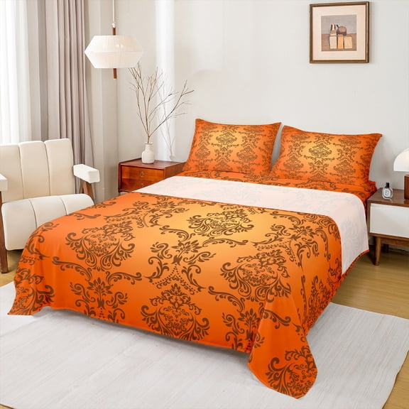 Manfei Vintage Damask Floral Bed Sheets,Boho Flower King Sheets,Orange Victorian Sheet Set,Breathable Bedroom Decorative,4pcs