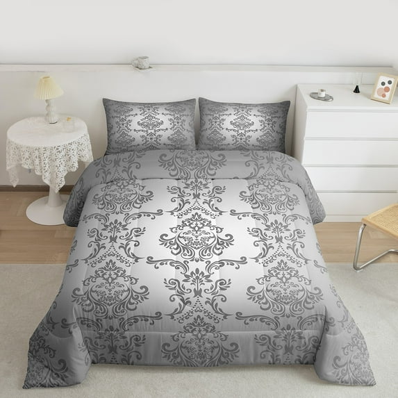 Manfei Vintage Damask Floral Bedding Comforter Set,Boho Flower Twin Comforter Sets,Gray Victorian Bedding Set,Breathable Bedroom Decorative Reversible,2 Pieces