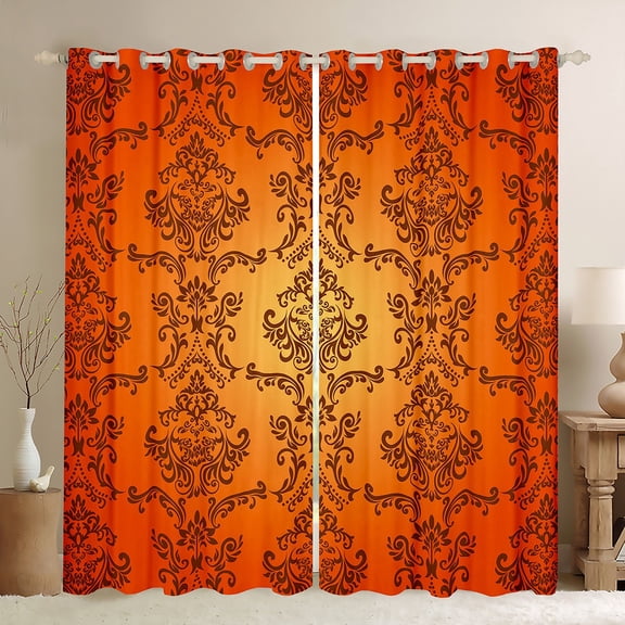 Manfei Vintage Damask Floral Blackout Curtains Set of 2 (52x84 Each),Boho Flower Window Curtains,Orange Victorian Curtains and Drapes,Breathable Bedroom Decorative