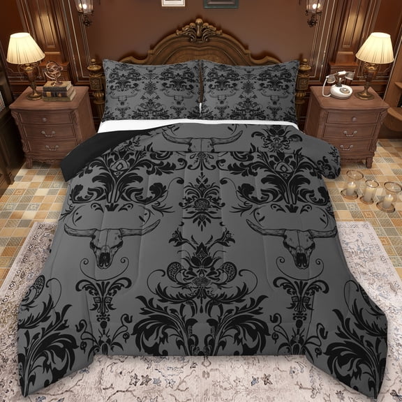 Manfei Vintage Damask Jacquard Bedding Comforter Set,Gothic Bull Skull Twin Comforter Sets,Gray Flower Floral Bedding Set,Super Cozy Room Decoration Reversible,2pcs