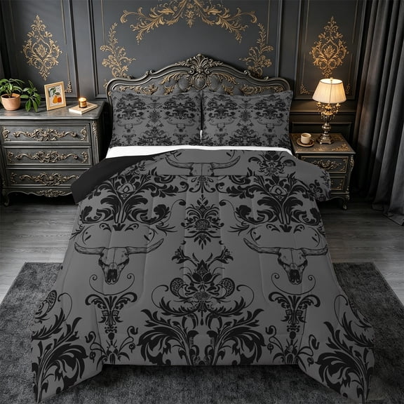 Manfei Vintage Damask Jacquard Bedding Comforter Set,Gothic Bull Skull Twin Comforter Sets,Gray Flower Floral Bedding Set,Super Cozy Room Decoration Reversible,2pcs