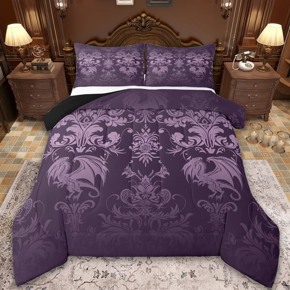 Manfei Vintage Damask Jacquard Bedding Comforter Set,Gothic Dragon Twin Comforter Sets,Purple Flower Floral Bedding Set,Super Cozy Room Decoration Reversible,2-Piece