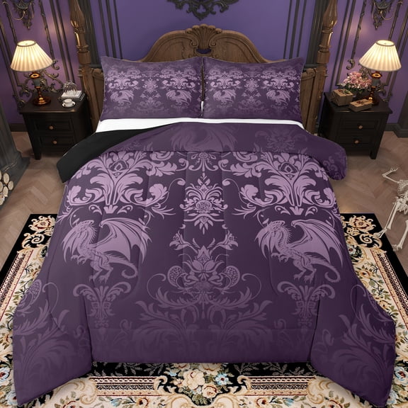 Manfei Vintage Damask Jacquard Bedding Comforter Set,Gothic Dragon Twin Comforter Sets,Purple Flower Floral Bedding Set,Super Cozy Room Decoration Reversible,2-Piece
