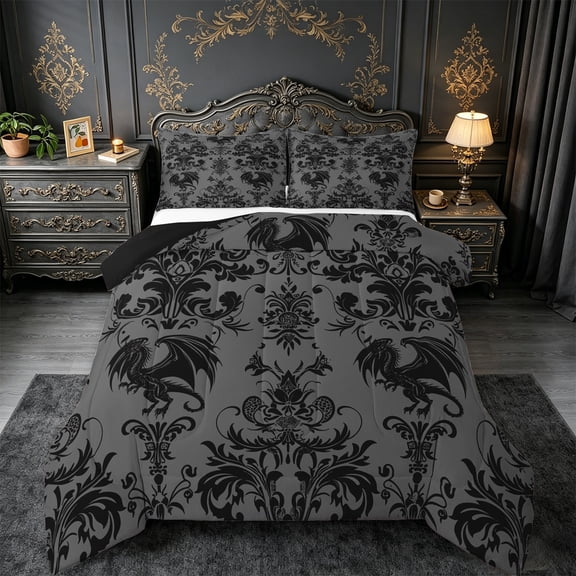 Manfei Vintage Damask Jacquard Bedding Comforter Set,Gothic Magic Dragon Twin Comforter Sets,Gray Black Floral Bedding Set,Super Cozy Room Decoration Reversible,2-Piece