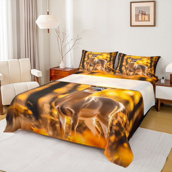 Manfei Vintage Deer Queen Sheets,Autumn Woodland Queen Sheet Sets,Golden,4 Pieces,1 Flat Sheet, 1 Fitted Sheet and 2 Pillowcases