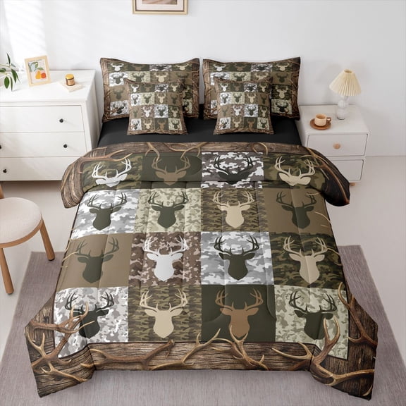 Manfei Vintage Deer Silhouette 7-Piece Twin Bedding,Wooded Pine Print Bedding Comforter Set,Dark Brown,Black Reversible