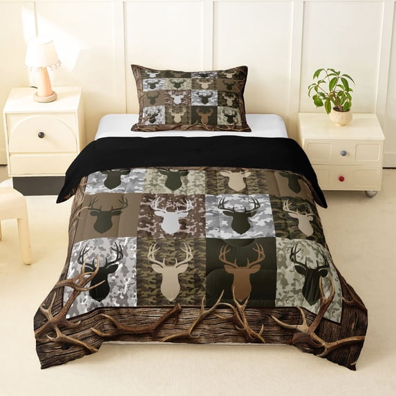 Manfei Vintage Deer Silhouette Twin Comforter Sets,Wooded Pine Print Bedding Set,Dark Brown,Black Reversible,2pcs,1 Comforter and 1 Pillowcase