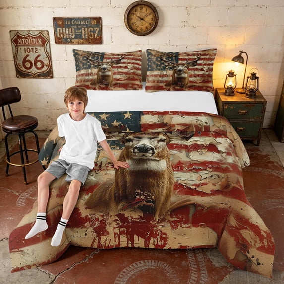 Manfei Vintage Deer US Flag Queen Comforter Set, Rustic Farmhouse Comforter Sets Queen, Red White Brown, Black Reversible 3 Pieces, 1 Comforter and 2 Pillowcases