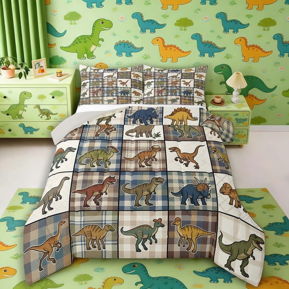 Manfei Vintage Dino Animals King Size Comforter Sets,Retro Plaid Comforters King Size,Yellow Gray,Light Gray Reversible,3 Pieces,1 Comforter and 2 Pillowcases