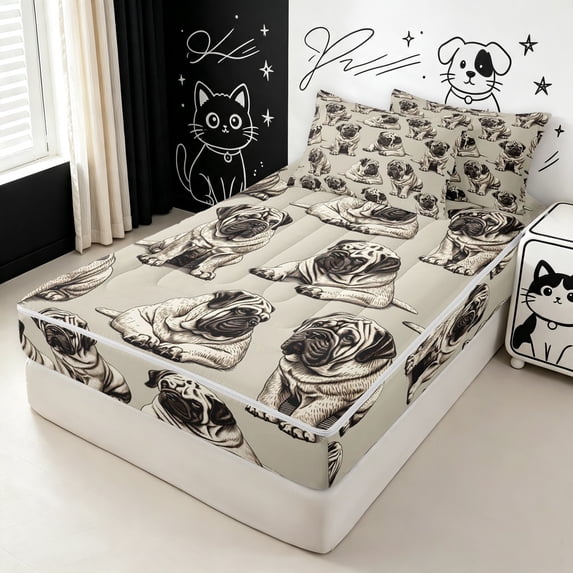 Manfei Vintage Dog Print Zipper Full Size Comforter Sets with Fitted Sheet and 2 Pillowcases, Pet Lover Zipper Bedding Set, Dark Brown, Gray Reversible, 4 Pieces