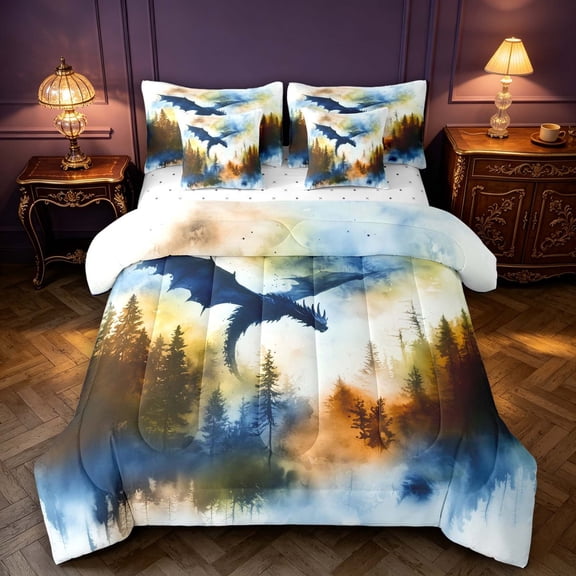 Manfei Vintage Dragon Animals 7-Piece Twin Bedding,Retro Pine Trees Bedding Comforter Set,Blue Yellow,Reversible
