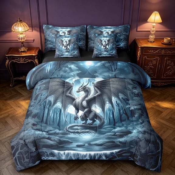 Manfei Vintage Dragon Animals 7-Piece Twin Bedding,Retro Trees Moon Bedding Comforter Set,Blue Gray,Black Reversible