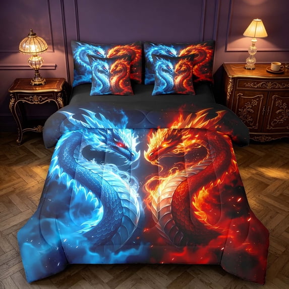 Manfei Vintage Dragon Animals 7 Pieces Full Size Bedding Sets,Gothic Wildlife Full Size Bed in a Bag,Blue Orange,Black Reversible