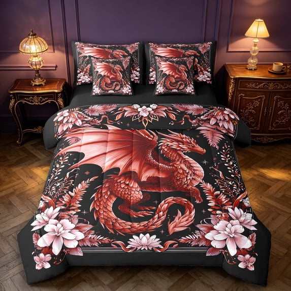 Manfei Vintage Dragon Animals 7 Pieces Full Size Bedding Sets,Plant Floral Full Size Bed in a Bag,Red Black,Black Reversible