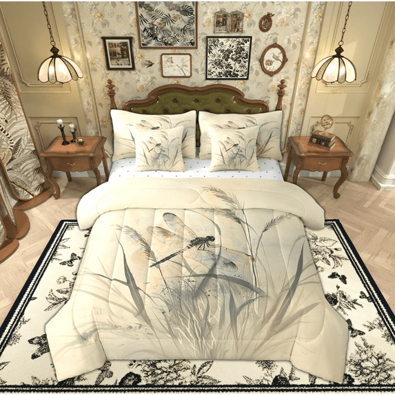 Manfei Vintage Dragonfly Insect Bedding Comforter Set 7-Piece, Rustic Farmhouse Animal King Bedding Sets, Teens Kids Adult Reversible Bed Sheets, Super Cozy Room Decor