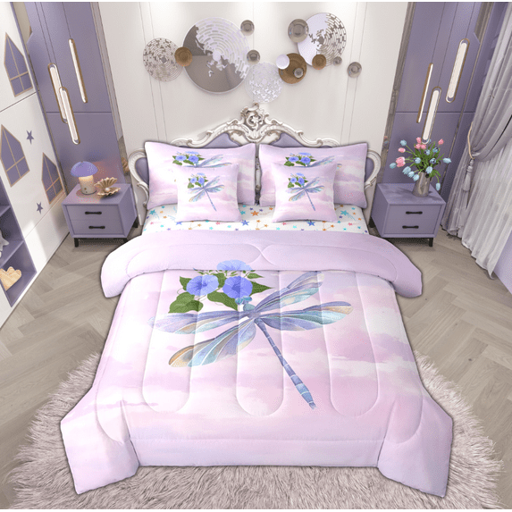 Manfei Vintage Dragonfly Insect Twin Bedding Sets 7-Piece, Rustic Farmhouse Animal Bedding Comforter Set, Teens Kids Adult Reversible Sheet Sets, Microfiber Bedroom Decor