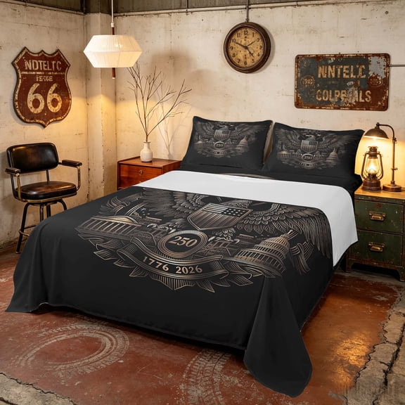 Manfei, Vintage Eagle Bed Sheets, 1776-2026 American Birthday Full Size Sheets, Black, Black Reversible 4 Pieces (1 Flat Sheet, 1 Fitted Sheet and 2 Pillowcases)