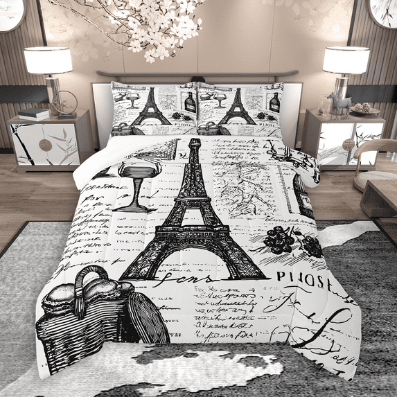 Manfei Vintage Eiffel Tower Bedding Comforter Set 2pcs, Retro Paris Twin Comforter Sets, Newspaper Print Bedding Set, Ultra Soft Home Decor