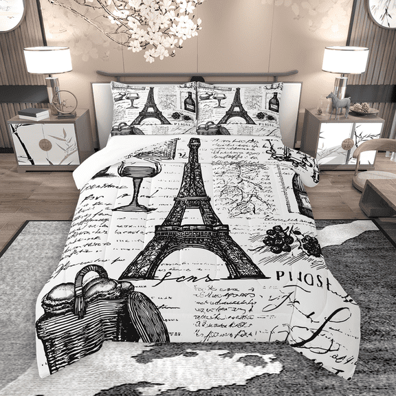 Manfei Vintage Eiffel Tower Bedding Comforter Set 2pcs, Retro Paris Twin Comforter Sets, Newspaper Print Bedding Set, Ultra Soft Home Decor