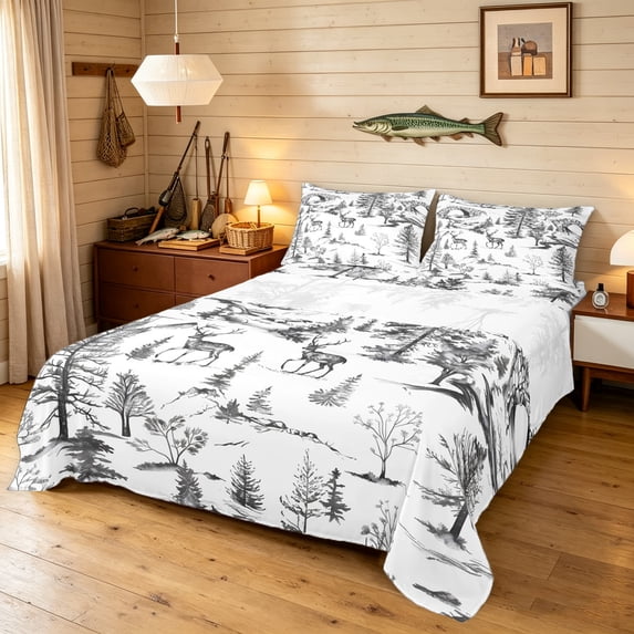 Manfei Vintage Elk Queen Sheets, Farm Landscape Queen Sheet Sets, White Gray, 4-Piece, 1 Flat Sheet, 1 Fitted Sheet and 2 Pillowcases