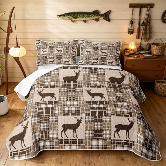 Manfei Vintage Elk Twin Quilt Set, Cottage Plaid Twin Coverlet Set, Brown White, Black Reversible, 2-Piece, 1 Bedspread and 1 Pillowcase