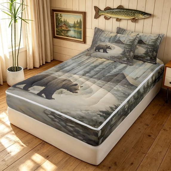 Manfei Vintage Farm Bear Zipper Full Size Comforter Sets with Fitted Sheet and 2 Pillowcases, Woodland Cottage Zipper Bedding Set, Brown, Black Reversible, 4-Piece