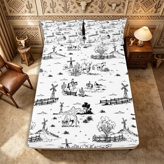 Manfei Vintage Farm Cowboy Fitted Sheet Full 3 Pieces,Rustic Western Cow Bed Set,White Black Gray,1 Fitted Sheet and 2 Pillowcases