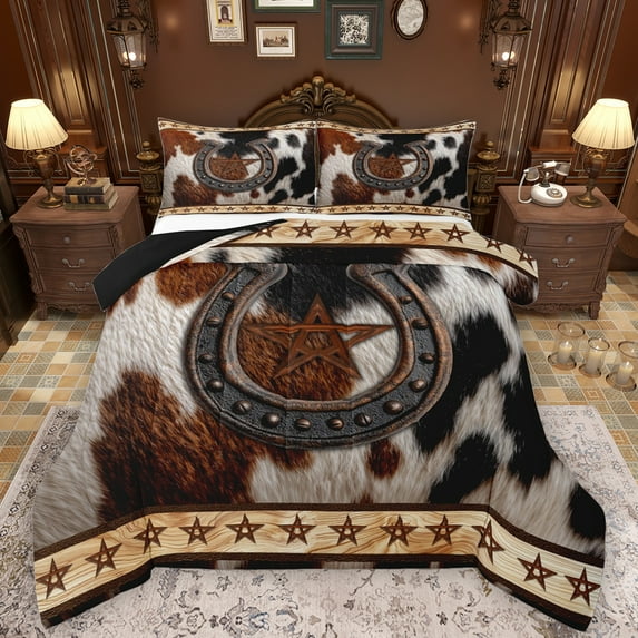 Manfei Vintage Farm Horseshoe Bedding Comforter Set,Rustic Cowhide Print Twin Comforter Sets,Retro Brown Stars Bedding Set For Boys Teens,Luxury Bedroom Decor Reversible,2pcs