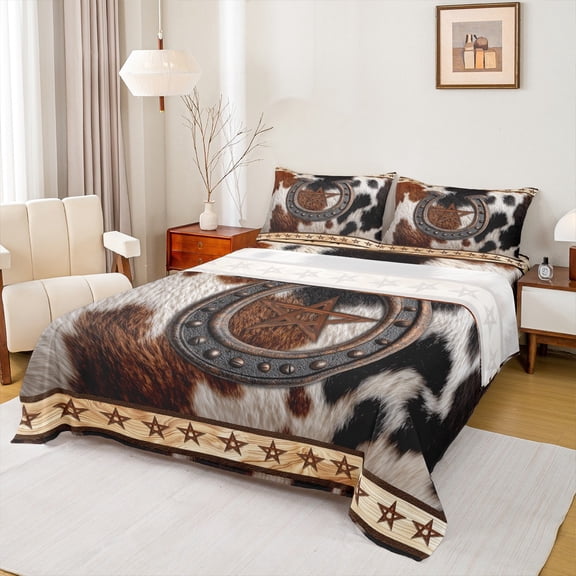 Manfei Vintage Farm Horseshoe Twin Sheet Sets,Rustic Cowhide Print Twin Fitted Sheet,Retro Brown Stars Flat Sheet For Boys Teens,Luxury Bedroom Decor,3pcs