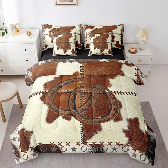 Manfei Vintage Farm Lodge Bedding Sets Twin Size,Horseshoes Texas Stars Comforter Sets with Sheets,Patchwork Cow Bed in a Bag Twin Size,Breathable Bedroom Decoration Reversible,7-Piece