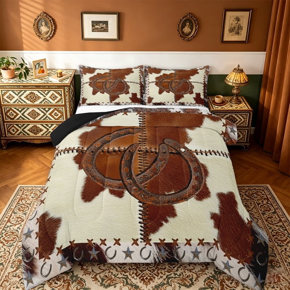 Manfei Vintage Farm Lodge Comforter Sets Twin Size,Horseshoes Texas Stars Comforters & Duvets,Patchwork Cow Fur Bedding Twin Comforter Set,Breathable Bedroom Decoration Reversible,2-Piece