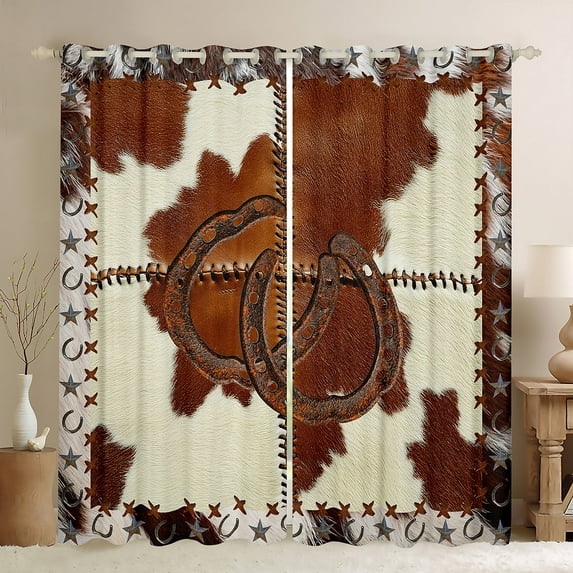 Manfei Vintage Farm Lodge Curtains Pack of 2 (52x84),Horseshoes Texas Stars Black Out Curtains,Patchwork Cow Fur Curtains for Living Room,Breathable Bedroom Decoration