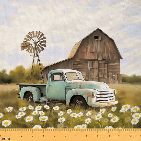 Manfei Vintage Farm Truck Sewing & Crafting Fabric (5 Yards), Rustic Farmhouse Windmill Home Decor Fabric by the Yard, White Daisy Floral DIY Fabric