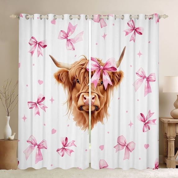 Manfei Vintage Farmhouse Highland Cow Kitchen Curtains,Cartoon Bowtie Pattern Black Out Curtains Pack of 2 (42x63 Each)