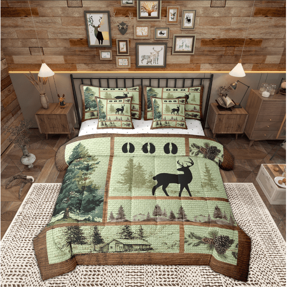 Manfei Vintage Farmhouse Twin Bedding Sets 7-Piece, Jungle Deer Elk Animal Bedding Comforter Set, Western Countryside Reversible Sheet Sets, Breathable Home Decor