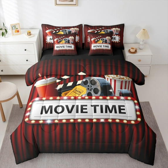 Manfei Vintage Film Bedding Comforter Set 7pcs for Kids, Cinema Tricket Time Queen Bedding Sets, Movie Theater Theme Reversible Queen Sheet Sets, Breathable Home Decor