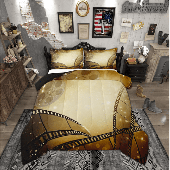 Manfei Vintage Film Bedding Comforter Set for Kids, Cinema Tricket Twin Comforter Sets, Movie Theater Theme Reversible Bedding Set, Breathable Home Decor, 2pcs