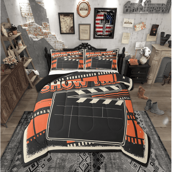 Manfei Vintage Film Bedding Comforter Set for Kids, Cinema Tricket Twin Comforter Sets, Movie Theater Theme Reversible Bedding Set, Luxury Bedroom Decor, 2 Pieces