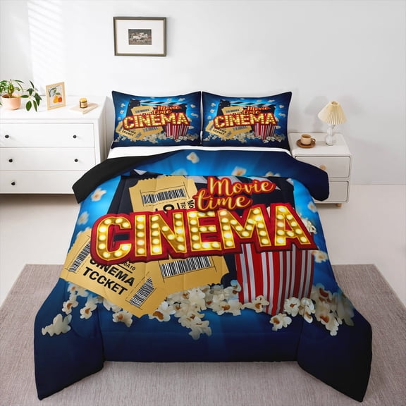 Manfei Vintage Film Queen Comforter Set for Kids, Cinema Tricket Bedding Comforter Set, Movie Theater Theme Reversible Bedding Set, Super Cozy Room Decor, 3-Piece