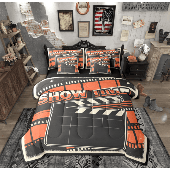 Manfei Vintage Film Twin Bedding Sets 7-Piece for Kids, Cinema Tricket Bedding Comforter Set, Movie Theater Theme Reversible Sheet Sets, Luxury Bedroom Decor