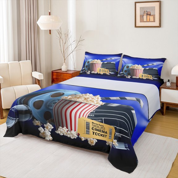 Manfei Vintage Film Twin Sheet Sets for Kids, Cinema Tricket Popcorn Twin Fitted Sheet, Movie Theater Theme Flat Sheet, Breathable Home Decor, 3pcs