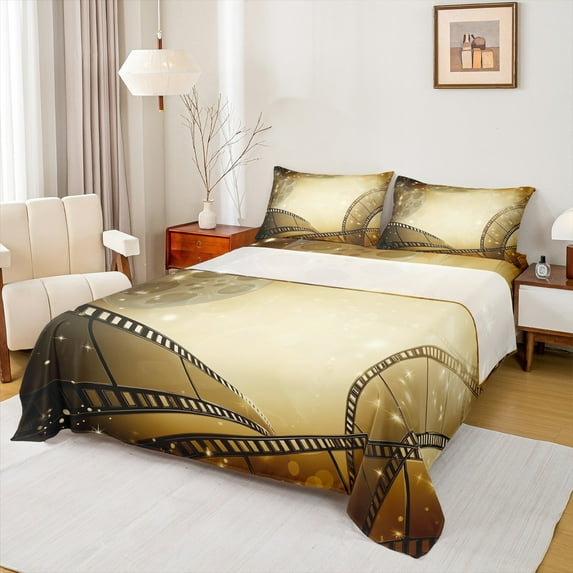 Manfei Vintage Film Twin Sheet Sets for Kids, Cinema Tricket Twin Fitted Sheet, Movie Theater Theme Flat Sheet, Breathable Home Decor, 3pcs