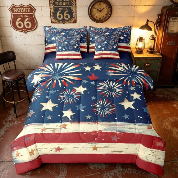 Manfei Vintage Firework Twin Bedding, Patriotic Star Stripes Bedding Comforter Set, Red White Blue, Navy Reversible 7 Pieces