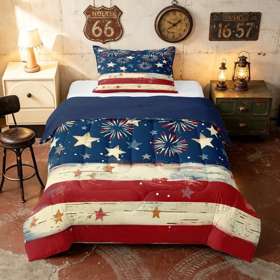 Manfei Vintage Firework Twin Comforter Sets, Patriotic Star Stripes Bedding Set, Red White Blue, Navy Reversible 2 Pieces, 1 Comforter and 1 Pillowcase