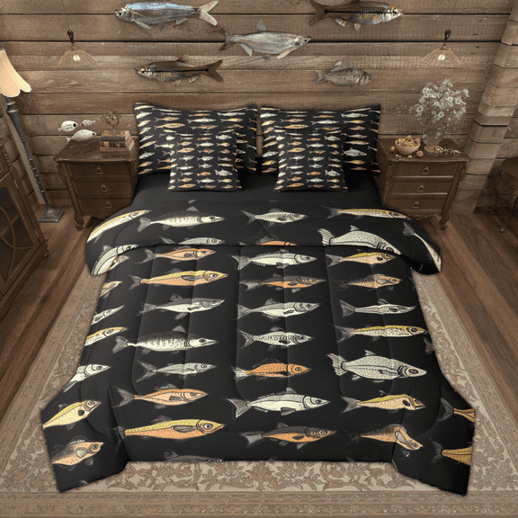 Manfei Vintage Fish Bedding Comforter Set 7 Pieces, Rustic River Lake House King Bedding Sets, Hunting and Fishing Bed Sheets, Ultra Soft Home Decor