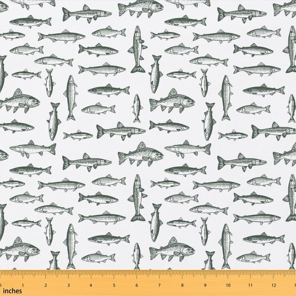 Manfei Vintage Fish Fabric by the Yard 1 Yard, Retro Cottage Home Decor Fabric by the Yard, Dark Sage White
